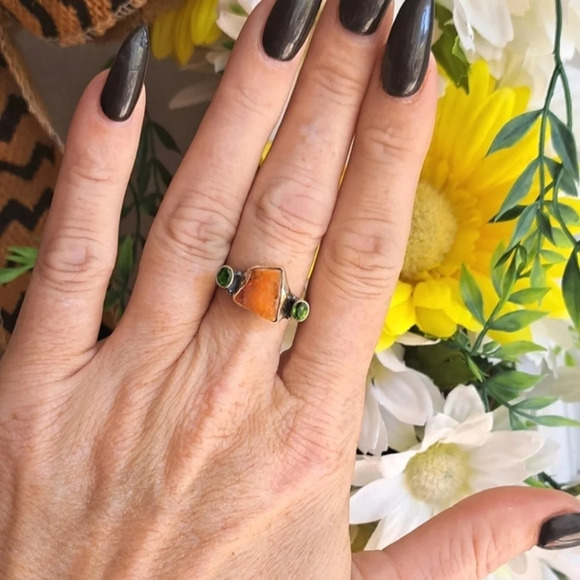 Raw Fire Opal & Natural Chrome Diopside In Sterling Silver. Sz.10 - Picture 2 of 5